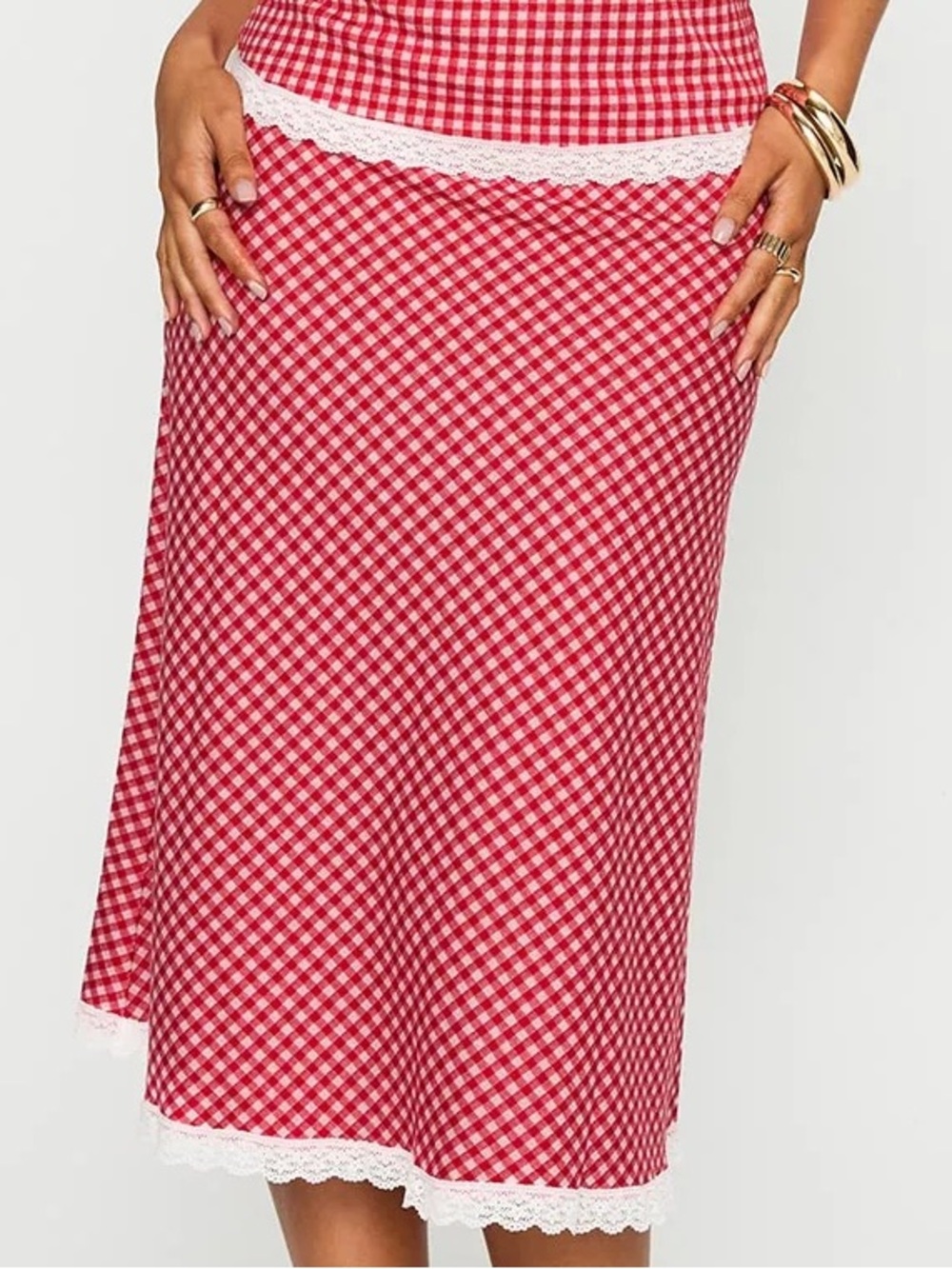 Princess Polly red and white red check gingham boho lace midi skirt size US 10